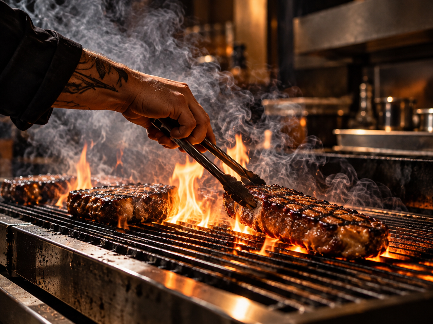 A chef turning steaks over open flame on the grill